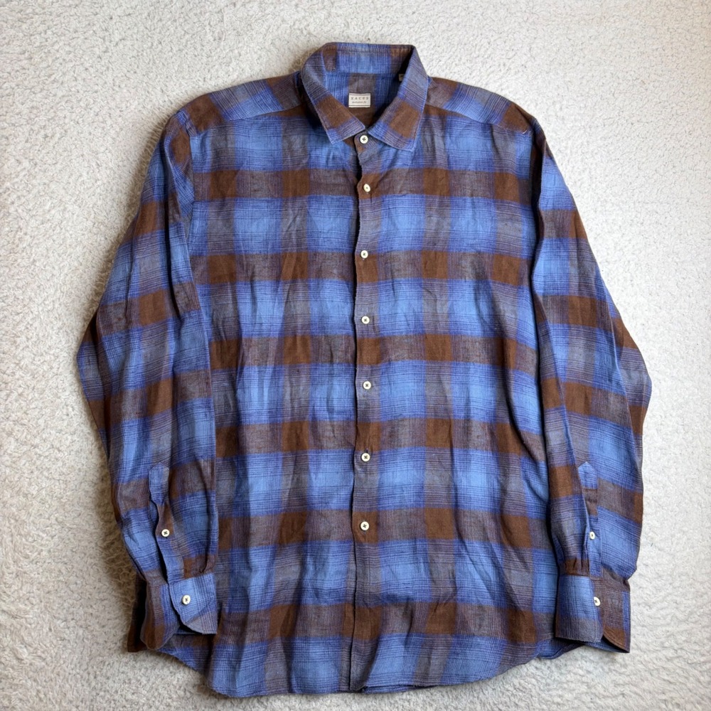 Xacus Evolution Fit Linen Shirt Mens 16.5 42 Blue Brown Check Made in Italy